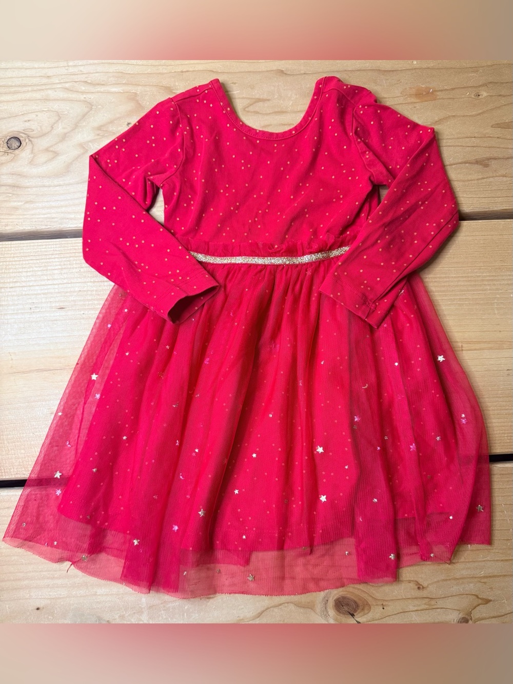 Hanna Andersson Girl's 85cm 2T Red Shimmer Star Tulle Dress Long Sleeve Festive